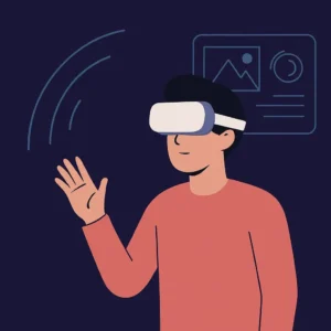Man using a VR headset to explore immersive digital marketing tools.